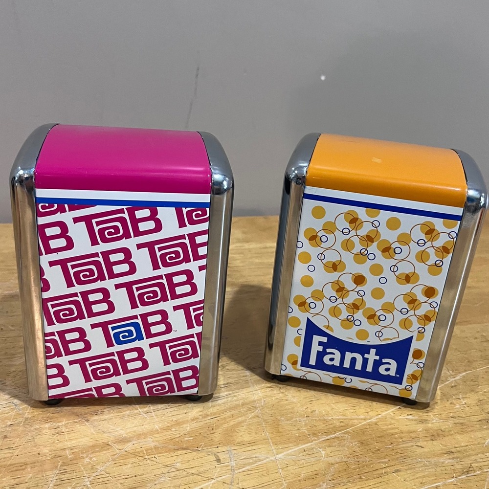 Vtg Style Coca-Cola Tab & Fanta Metal Napkin Dispenser Set Retro Diner Decor
